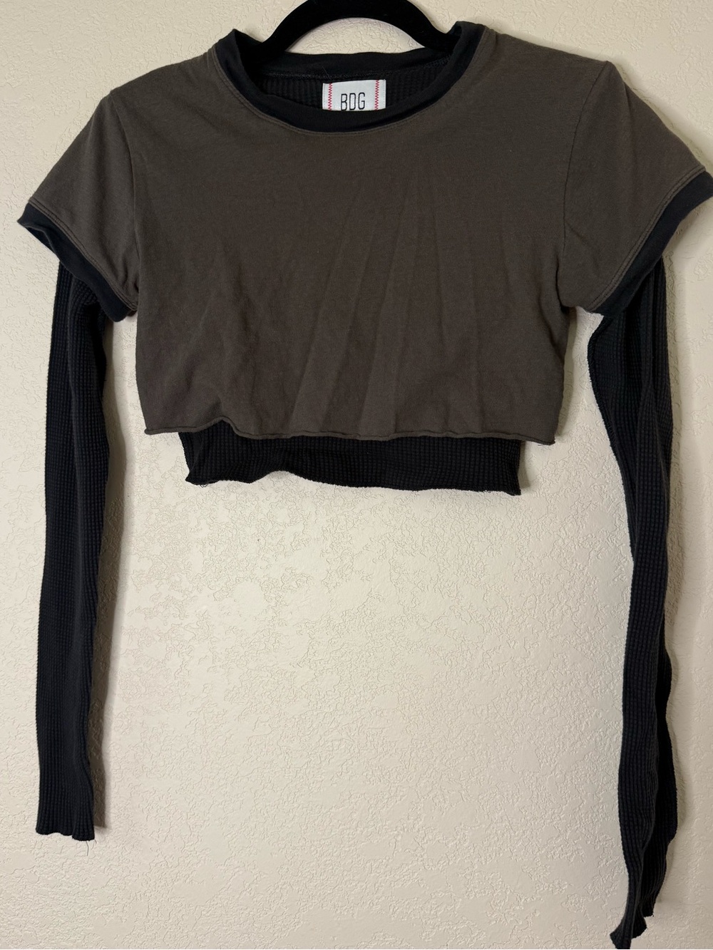 BDG Olive Crop Layered Short-Sleeve Over Black Long-Sleeve